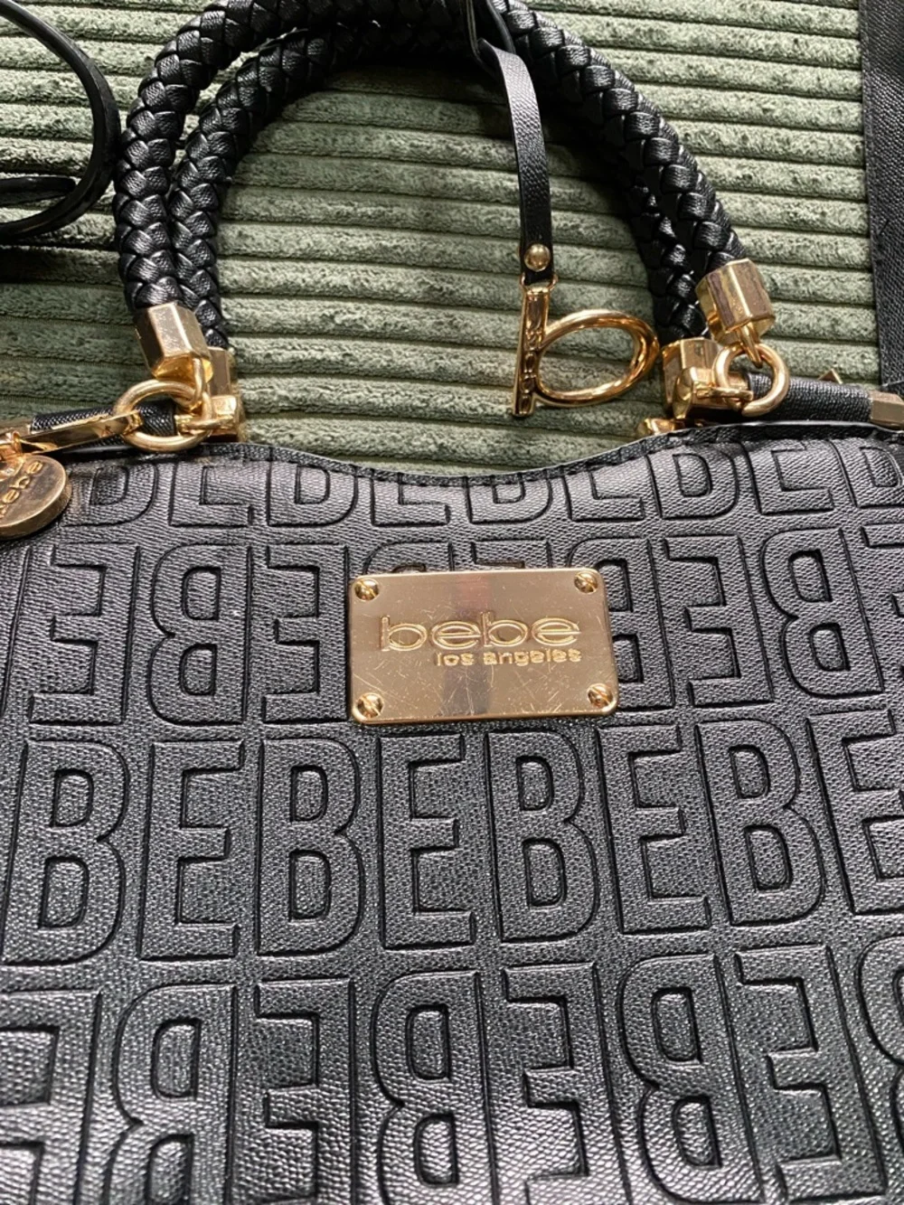 bebe Black Embossed Logo Satchel with Pom Charm